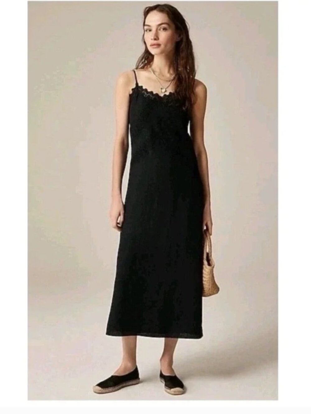 J. Crew Black Lace Trim Slip Dress Linen Midi Length 4